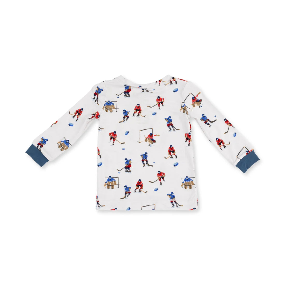A white long-sleeve baby t-shirt with an all-over hockey player print, featuring navy blue ribbed cuffs.