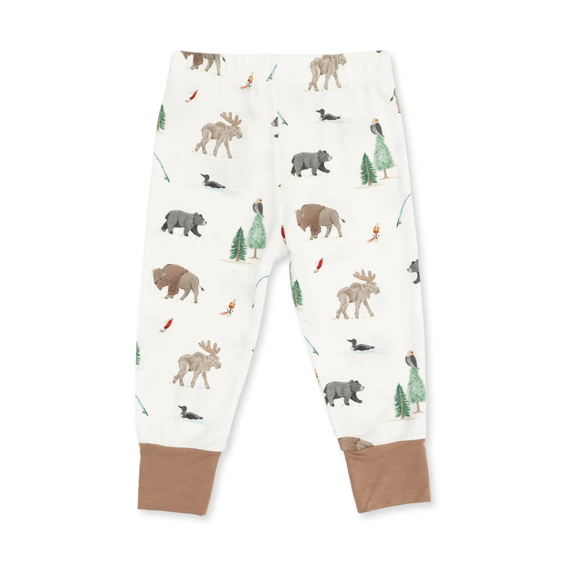 White children's jogger pants with an all-over woodland animal print including moose, bears, bison, and trees, finished with solid tan ankle cuffs.