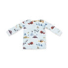 A long-sleeve baby t-shirt with a white background and a colorful winter ski resort print featuring gondolas, lifts, snowmobiles, and pine trees.