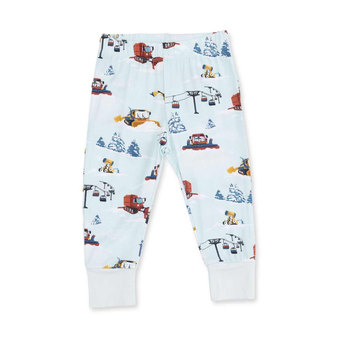 A pair of toddler's cuffed pants in a very light icy blue, featuring an all-over print of construction vehicles, snowmobiles, and pine trees in red, yellow, and dark blue. The pants have an elastic waistband and ribbed cuffs.