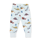White children's pants with an allover print of red and yellow snowmobiles, cable cars, and pine trees, featuring elastic waistband and ribbed ankle cuffs.
