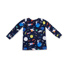 A long-sleeve children's top in navy blue with a colorful space-themed print featuring astronauts, rockets, planets, and stars, shown flat against a white background.