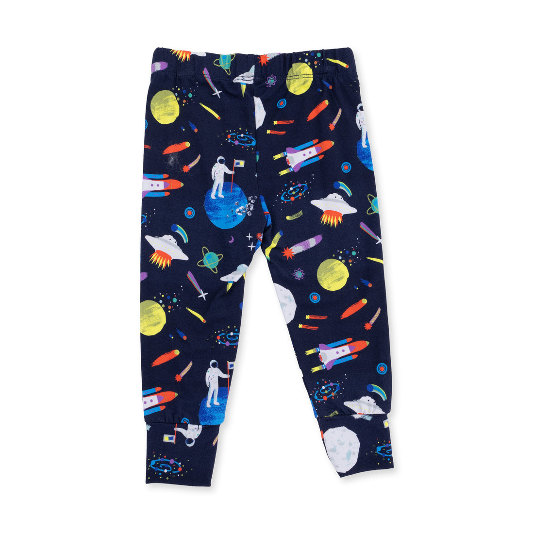 Space-themed children's leggings with colorful patterns on a white background