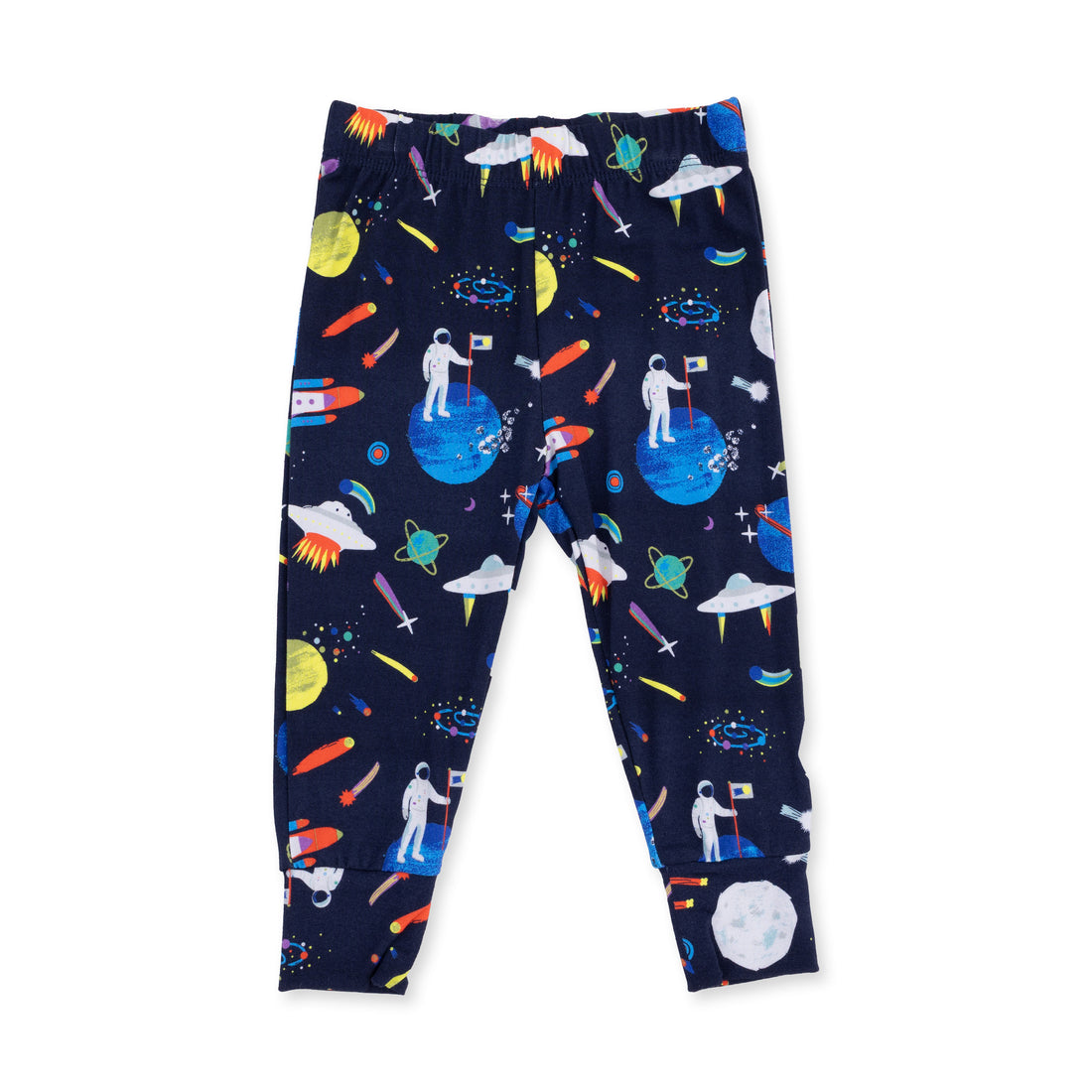 Space-themed leggings with astronauts, planets, and rockets on a navy background.