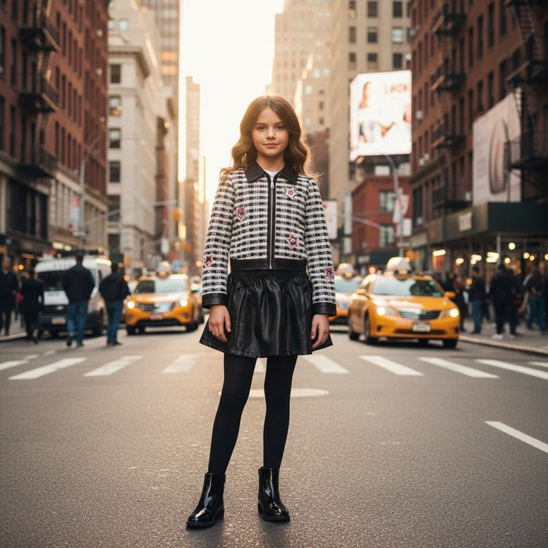 A young girl stands in the middle of a city street wearing a black and white checkered jacket with pink embroidered details, a black pleated skirt, black tights, and black ankle boots. Yellow taxis and city buildings are visible in the background.