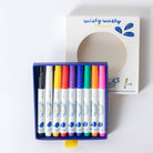 Set of colorful markers with a box labeled 'Wishy Washy' on a white background