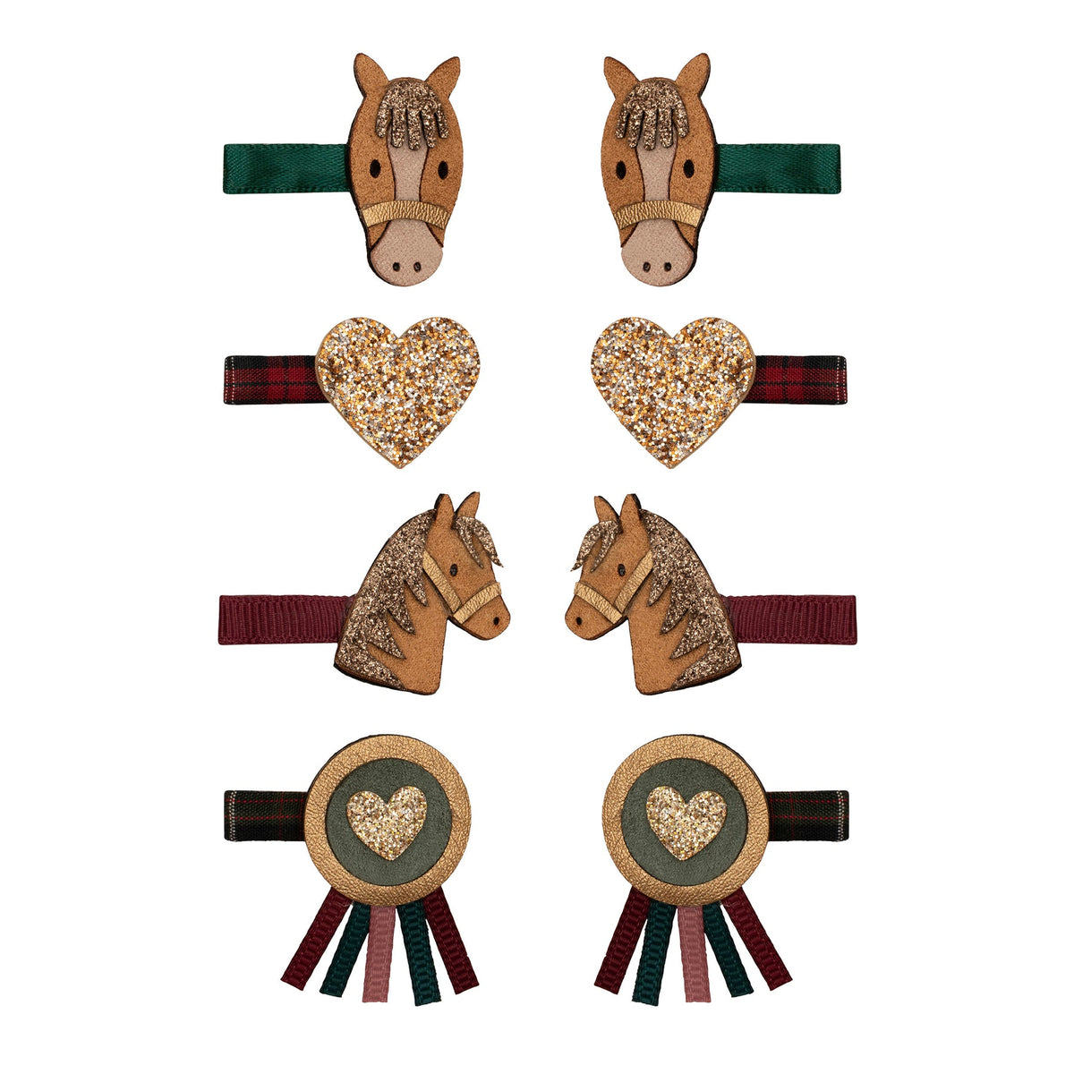 Set of horse-themed hair accessories with decorative elements on a white background