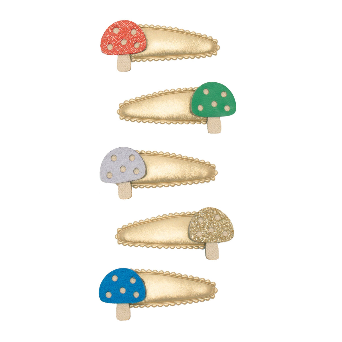 Set of five colorful mushroom-shaped hair clips on a white background