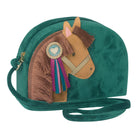 Green crossbody bag with a horse design on a white background