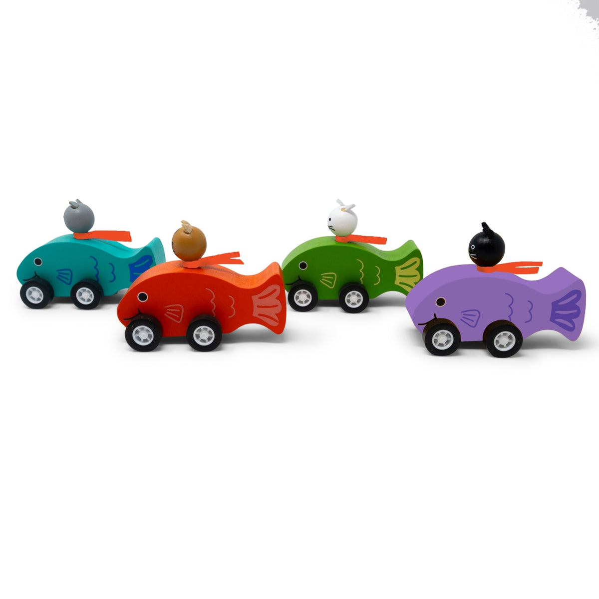 Set of colorful toy cars shaped like animals on a white background
