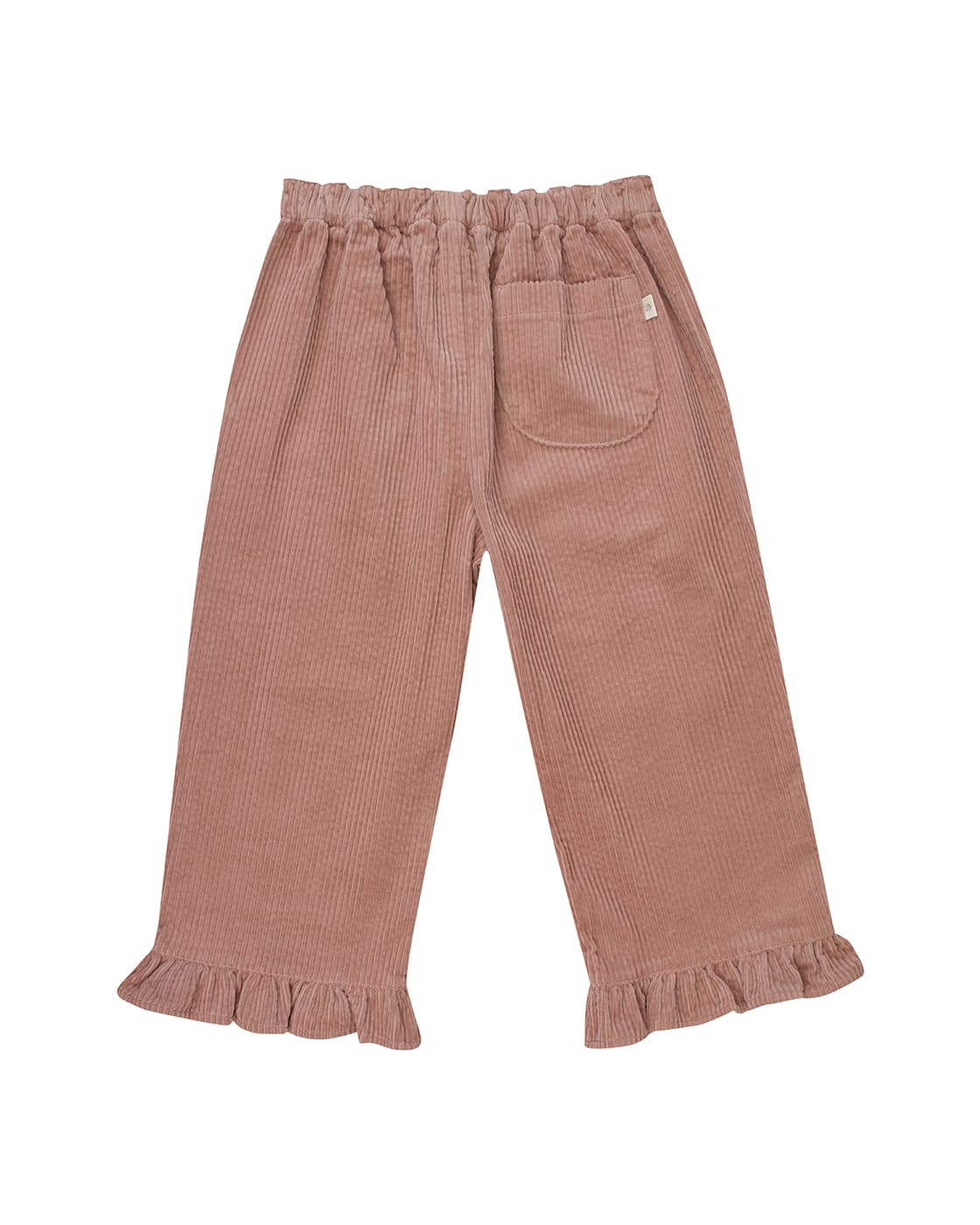Pink corduroy pants with pocket and ruffled hems.
