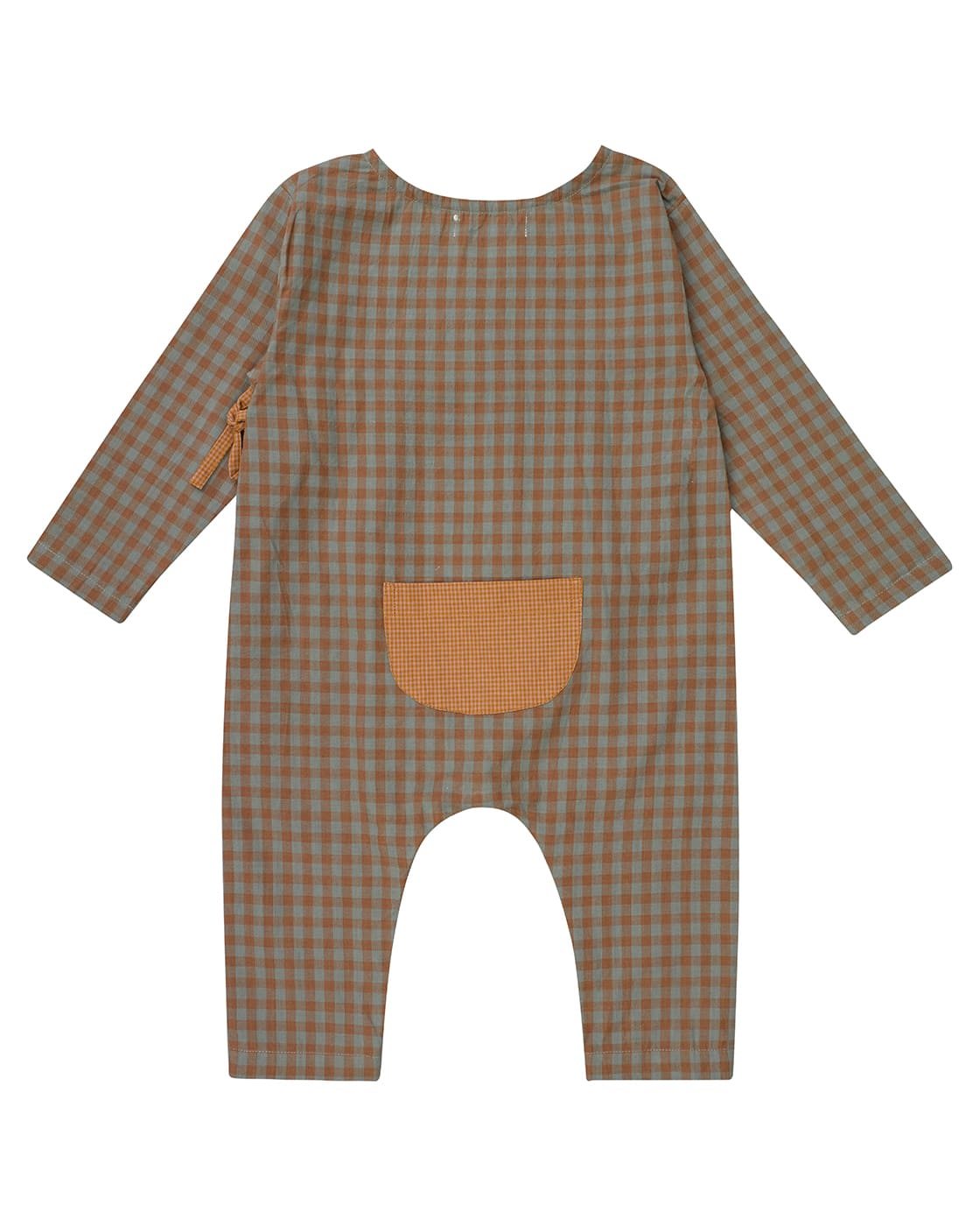 A long-sleeve baby romper in a brown and beige gingham check pattern, featuring a solid mustard yellow front pocket and a matching drawstring detail on the sleeve, shown against a plain white background.