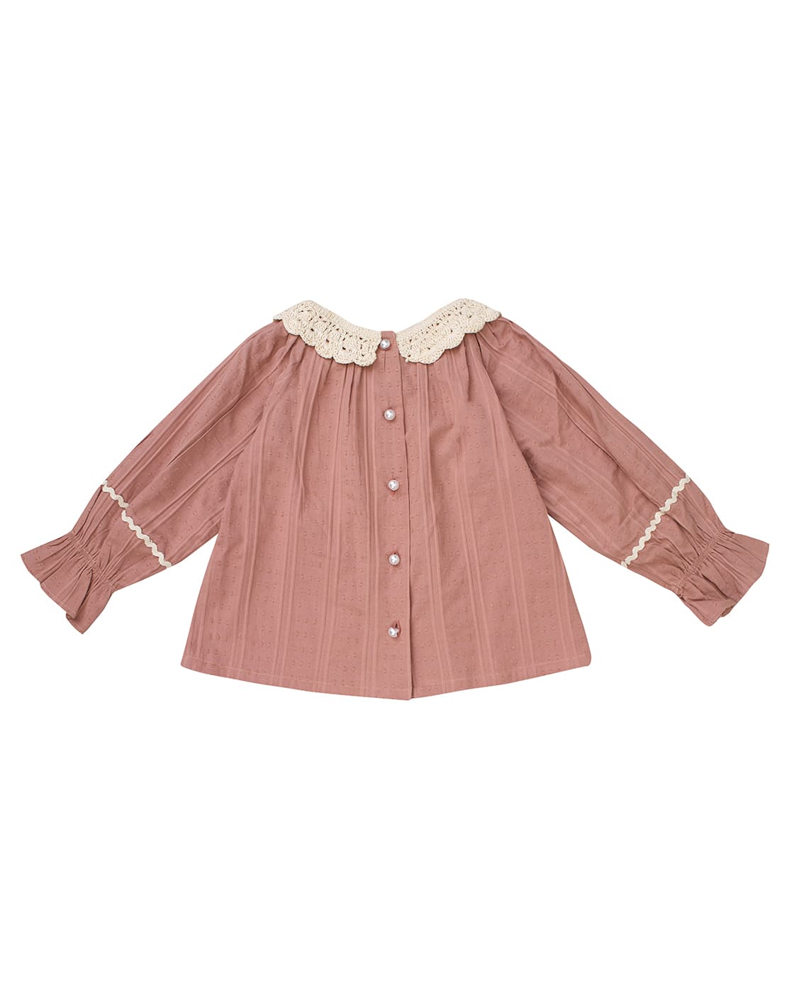 A dusty rose long-sleeve blouse with a cream crochet Peter Pan collar and matching cream lace trim on the cuffs, featuring a button-down front.
