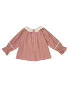 A dusty rose long-sleeve blouse with a cream crochet Peter Pan collar and matching cream lace trim on the cuffs, featuring a button-down front.