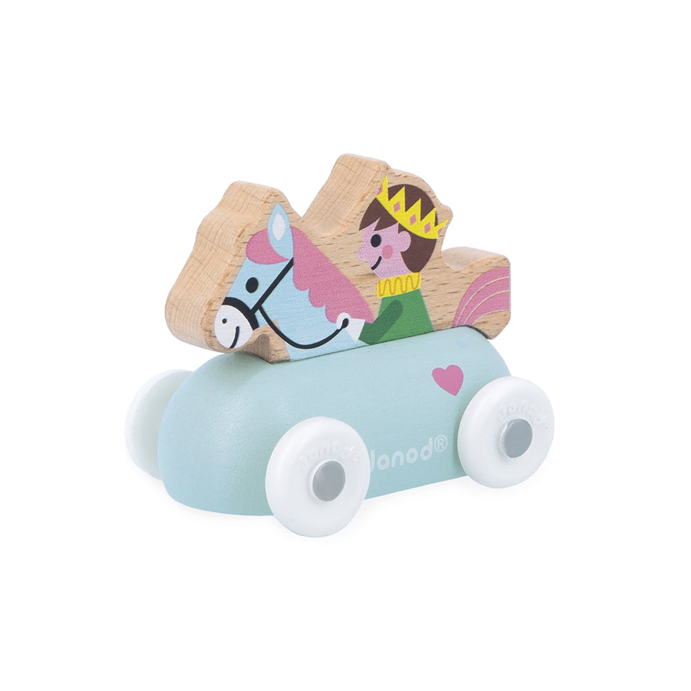 Wooden toy with a horse and princess figure on a light blue car-shaped base, brand 'Plan toys' visible.