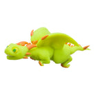 Green toy dragon with orange spikes on a white background
