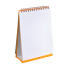 A spiral-bound desktop calendar or notepad with a white page and orange binding, standing upright on a white background.