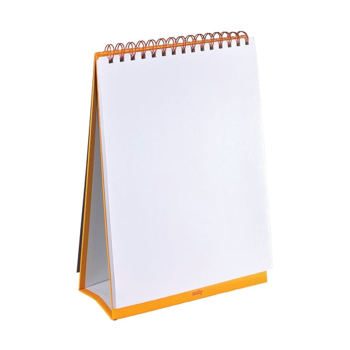 A spiral-bound desktop calendar or notepad with a white page and orange binding, standing upright on a white background.