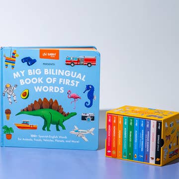 Children's book titled 'My Big Bilingual Book of First Words' with colorful illustrations on a light blue background.