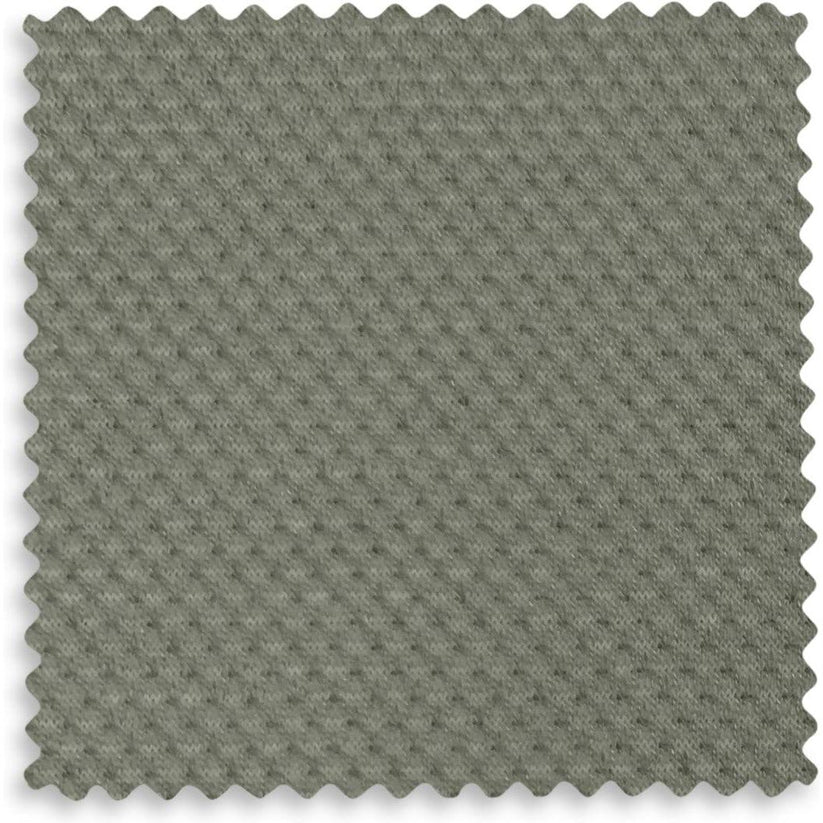 A square fabric swatch with scalloped edges, showing a textured woven material in a muted grayish olive tone.
