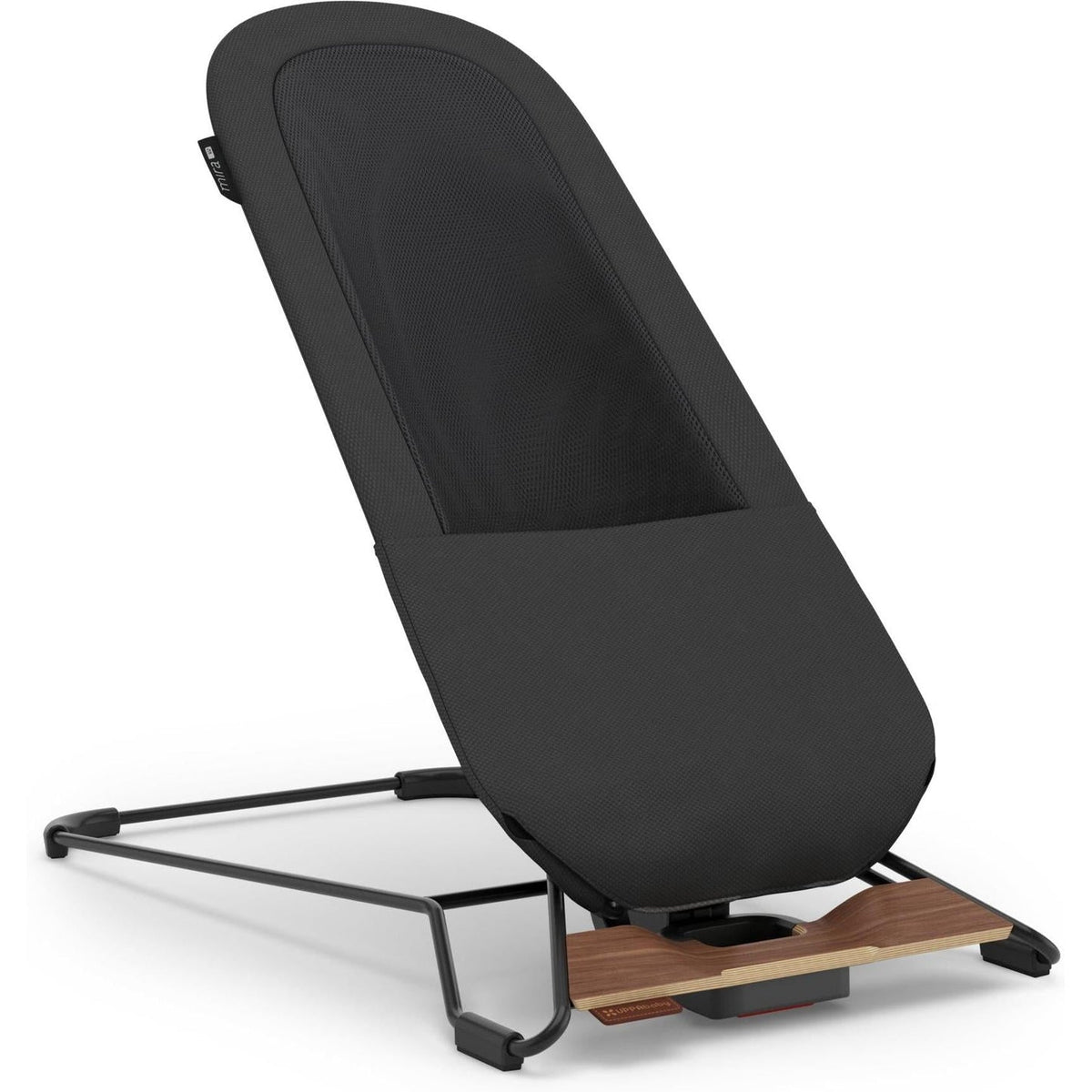 A modern black ergonomic office chair with a mesh backrest, a wooden accent tray at the base, and a slim black metal frame, shown on a plain white background.
