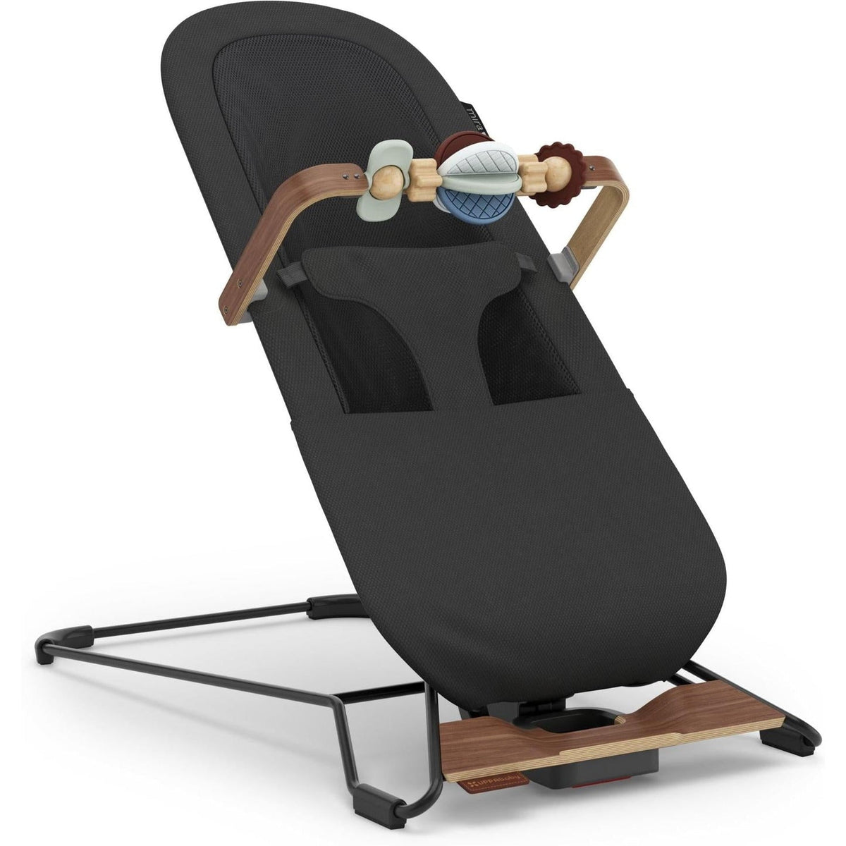 A modern baby bouncer chair with a black fabric seat cover, wooden handlebar accents, and a black metal support frame, shown on a plain white background.