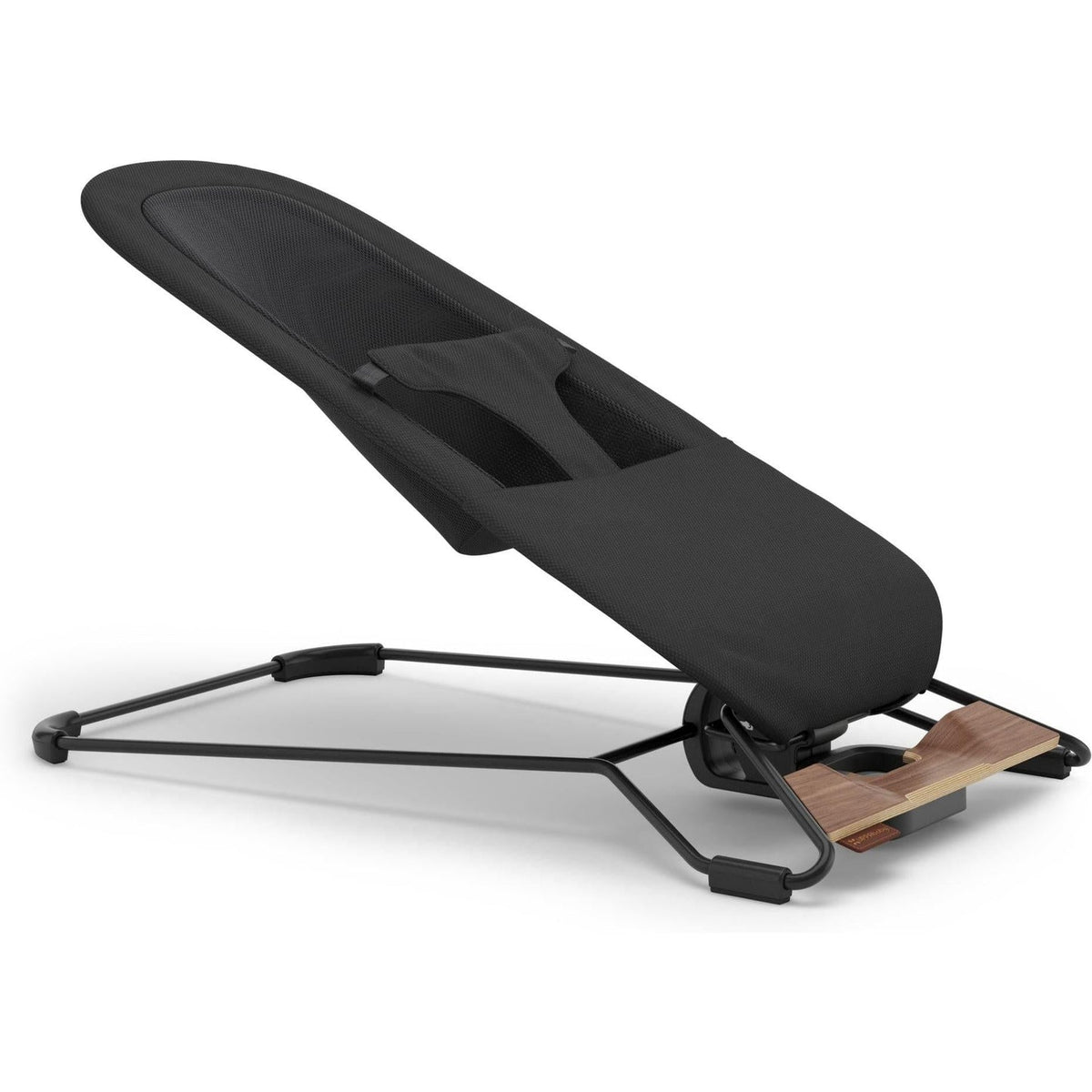 A black baby support seat with a black metal frame and a natural wood footrest, shown on a clean white background.