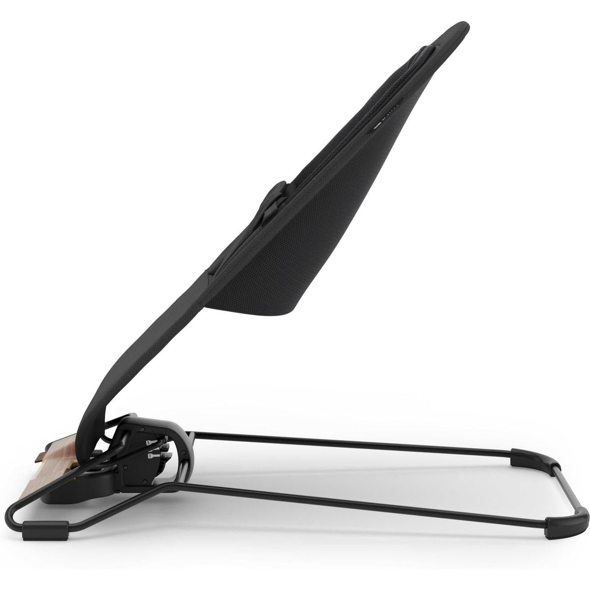 A black baby stroller shown from a side angle on a clean white background, highlighting its frame, canopy, and base.