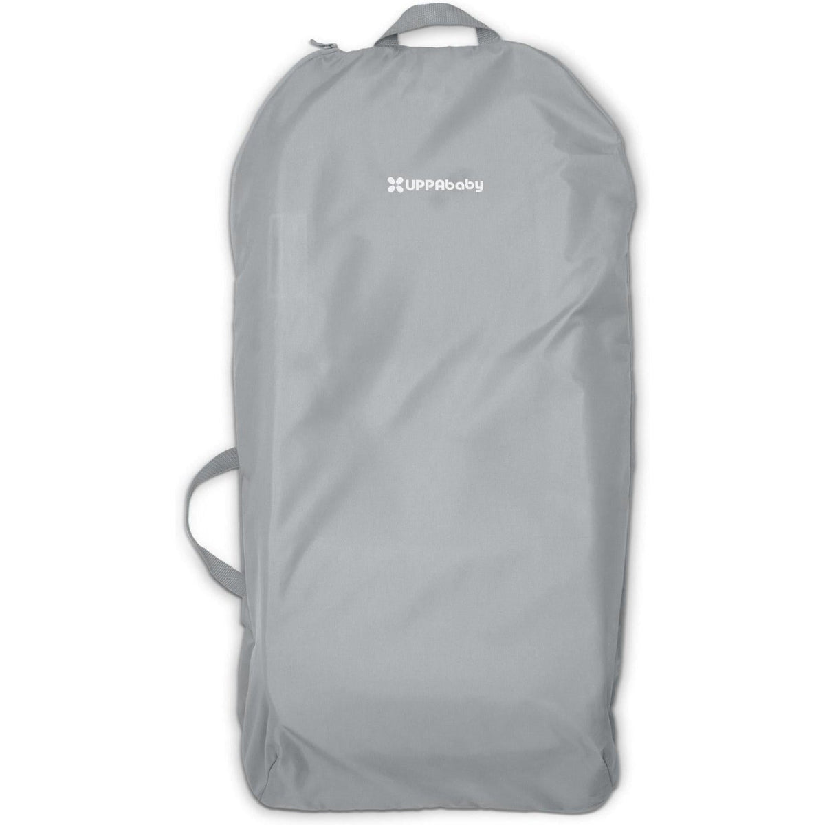 A light gray UPPAbaby garment bag with a top carry handle and side strap, shown against a plain white background.