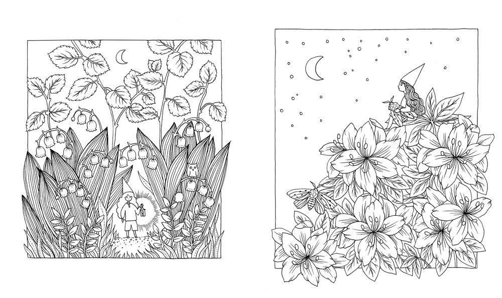 Two black and white line art illustrations of nature scenes with flowers and small figures.