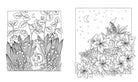 Two black and white line art illustrations of nature scenes with flowers and small figures.