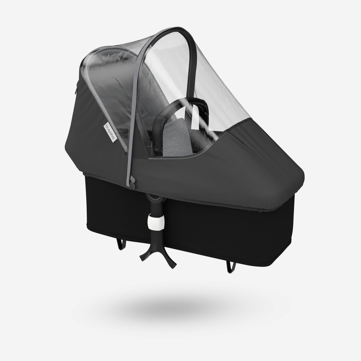 Black baby stroller with transparent rain cover on a white background