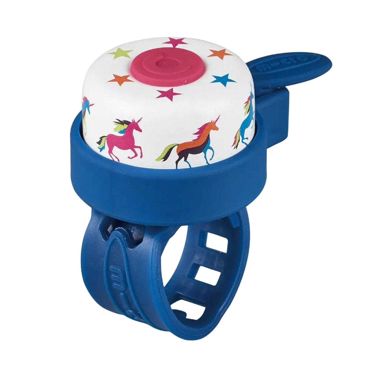 Blue bicycle bell with colorful unicorn design on a white background