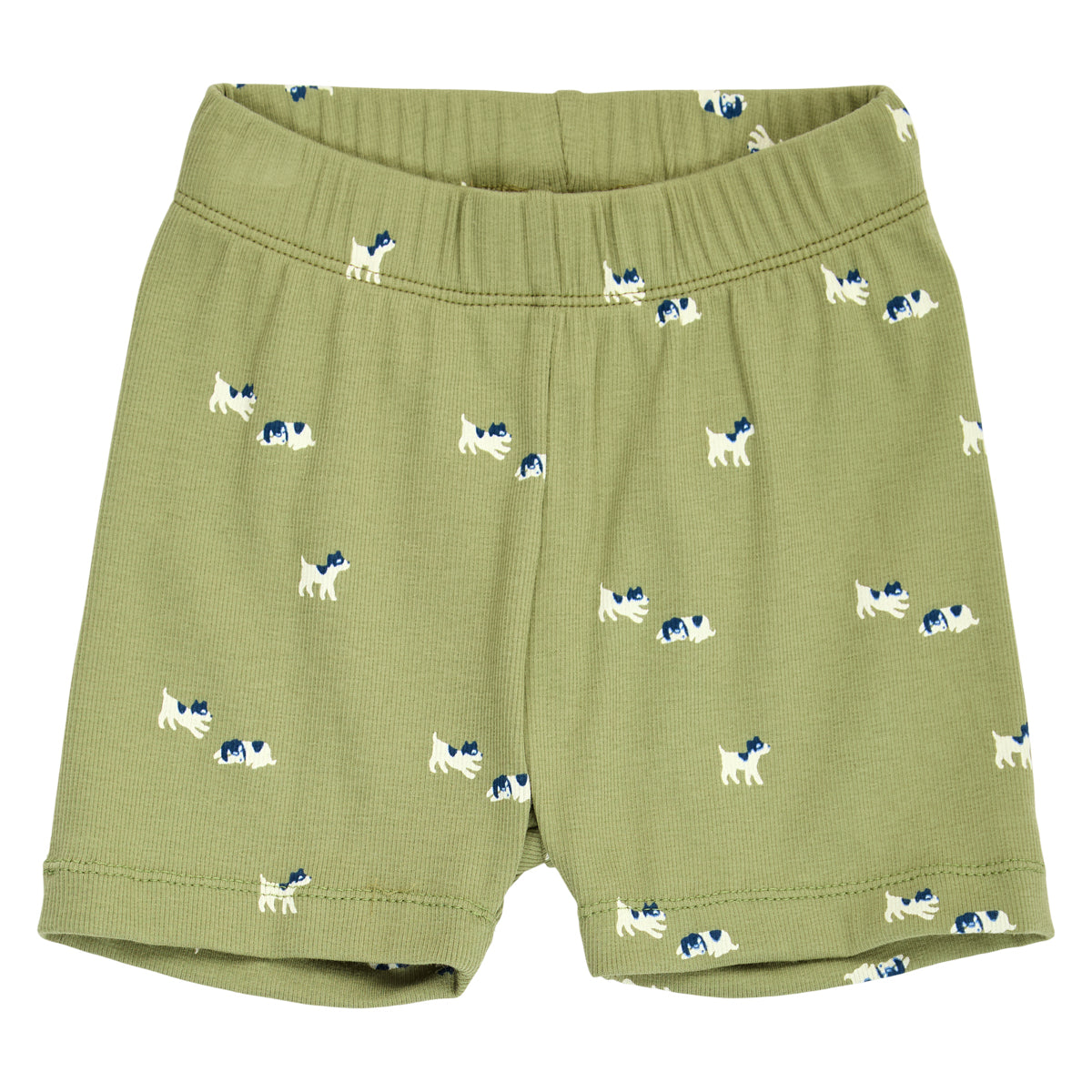 Green shorts with dog pattern on a white background