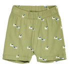 Green shorts with dog pattern on a white background