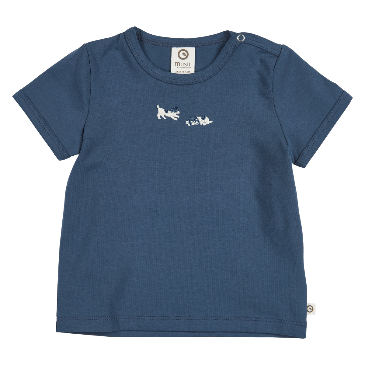 Blue t-shirt with white graphic on a white background