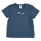 Blue t-shirt with white graphic on a white background