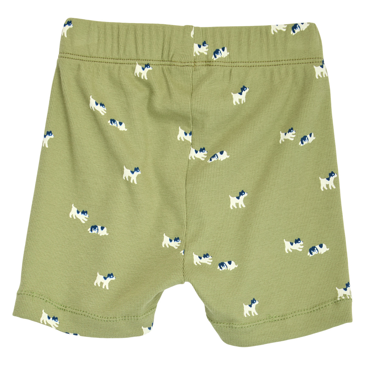 Green shorts with small dog pattern on a white background
