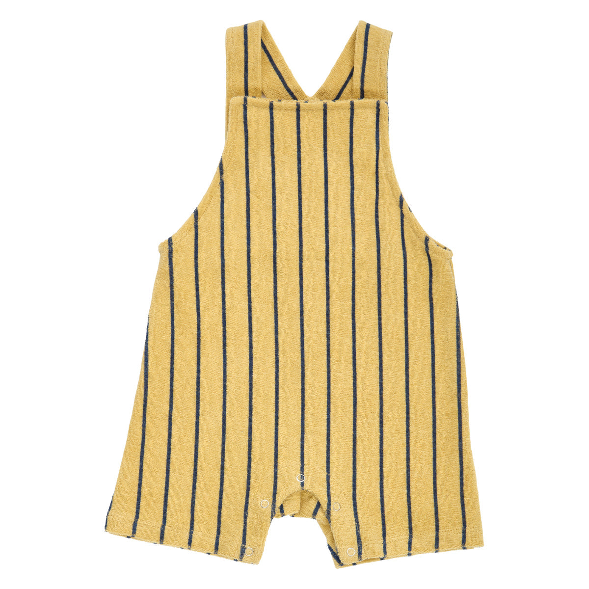 Yellow romper with blue stripes on a white background