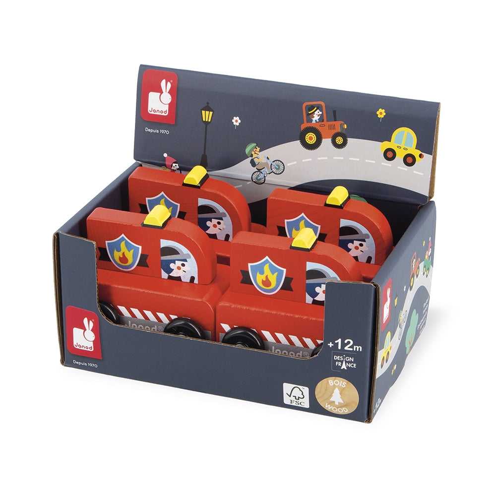 Display box of toy fire trucks with a cartoon road design on the lid.