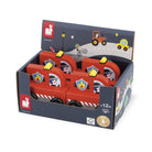 Display box of toy fire trucks with a cartoon road design on the lid.