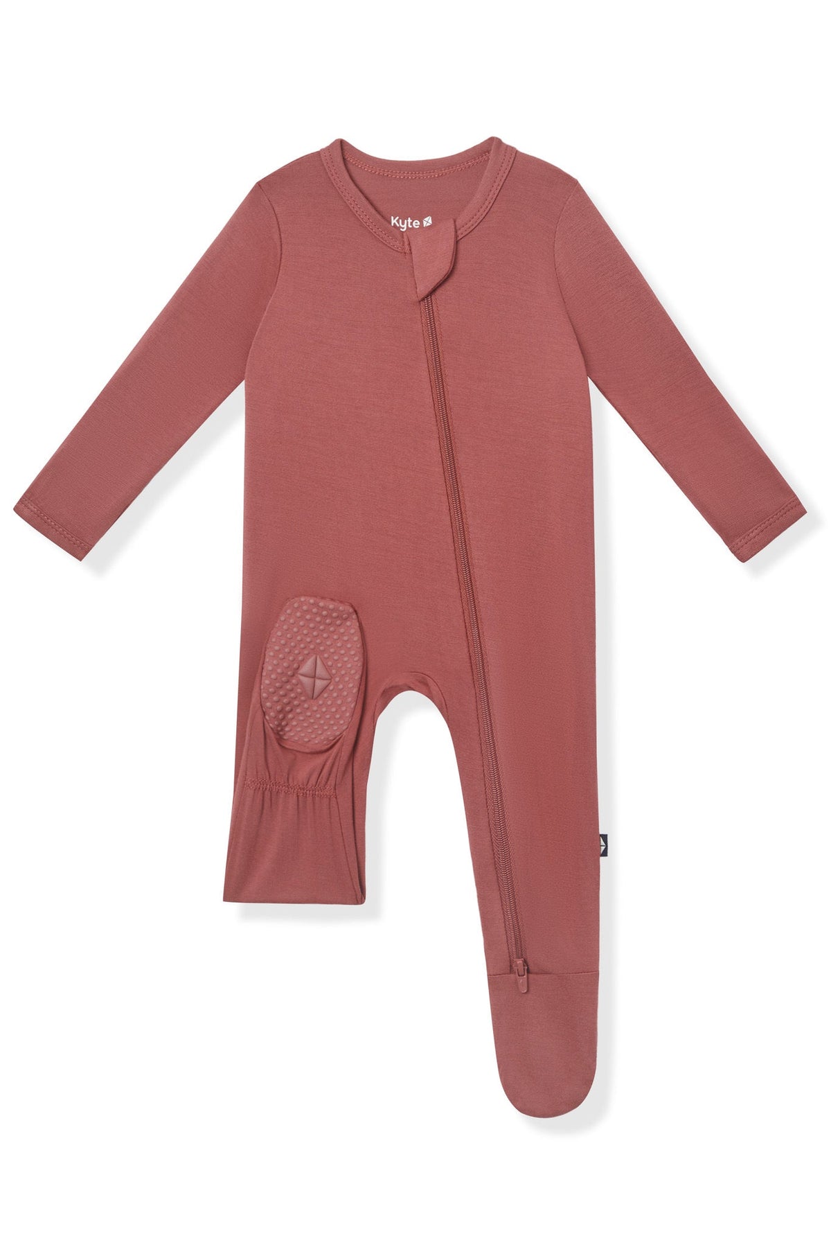 A baby sleep sack in a dusty rose color, featuring long sleeves, a front zipper, a textured knit foot, and a built-in mitt on one leg, shown against a plain white background.