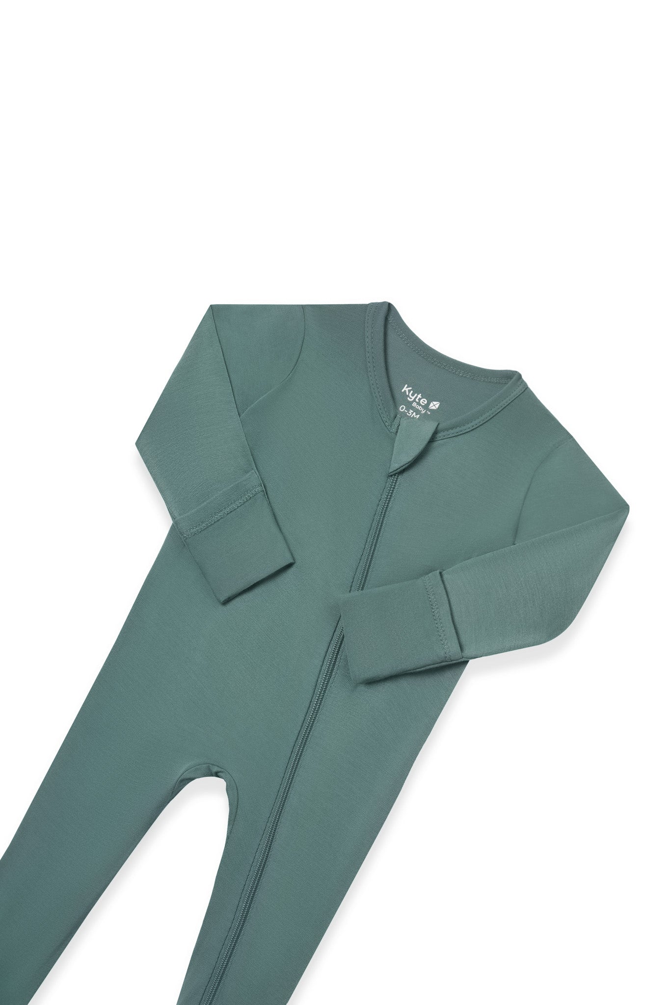 A sage green full-body zip-up sleeper or one-piece pajama laid flat on a white background.