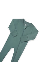 A sage green full-body zip-up sleeper or one-piece pajama laid flat on a white background.
