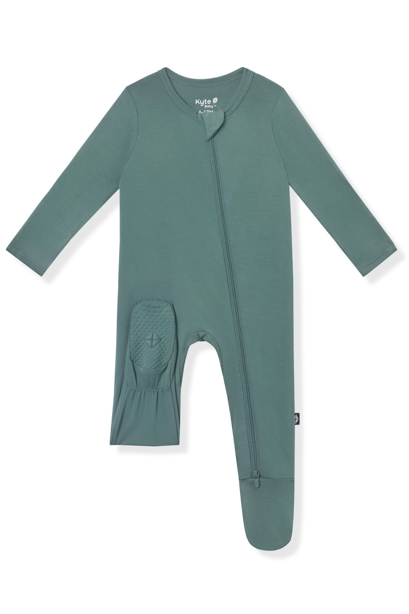 A long-sleeve baby footed sleeper in a muted sage green color, featuring a front zipper and a textured knit leg patch, shown on a plain white background.