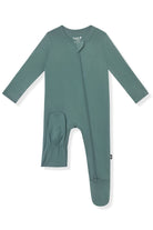 A long-sleeve baby footed sleeper in a muted sage green color, featuring a front zipper and a textured knit leg patch, shown on a plain white background.