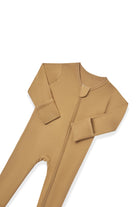 A mustard yellow full-body zip-up sleeper or one-piece pajama laid flat on a white background.