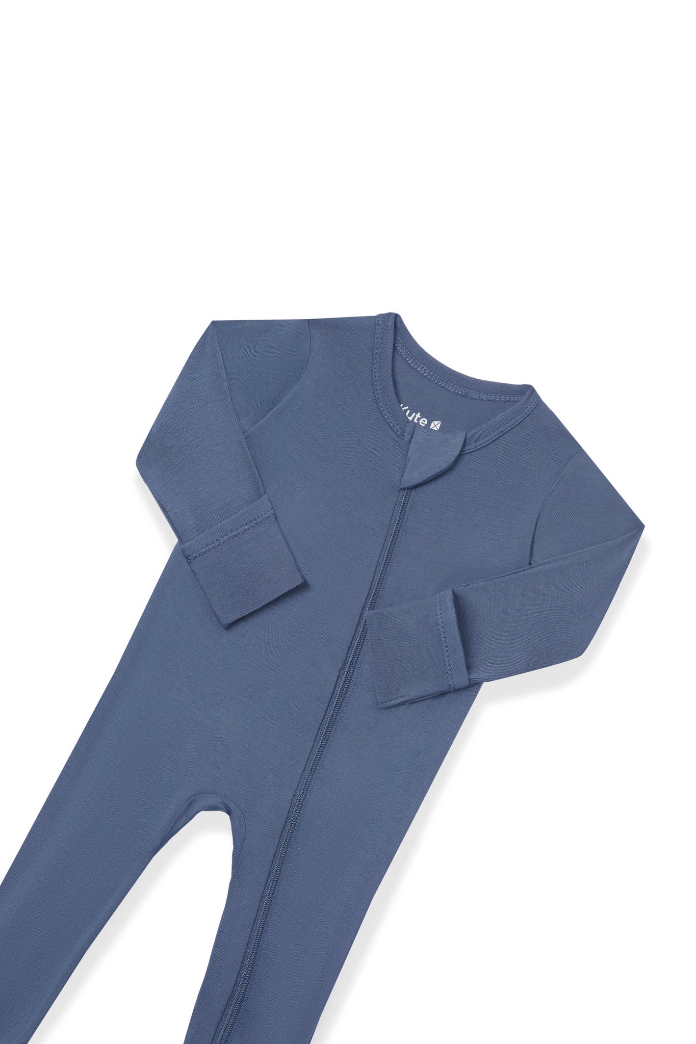 A long-sleeve baby footed sleeper in a dusty slate blue color, laid flat on a clean white background.