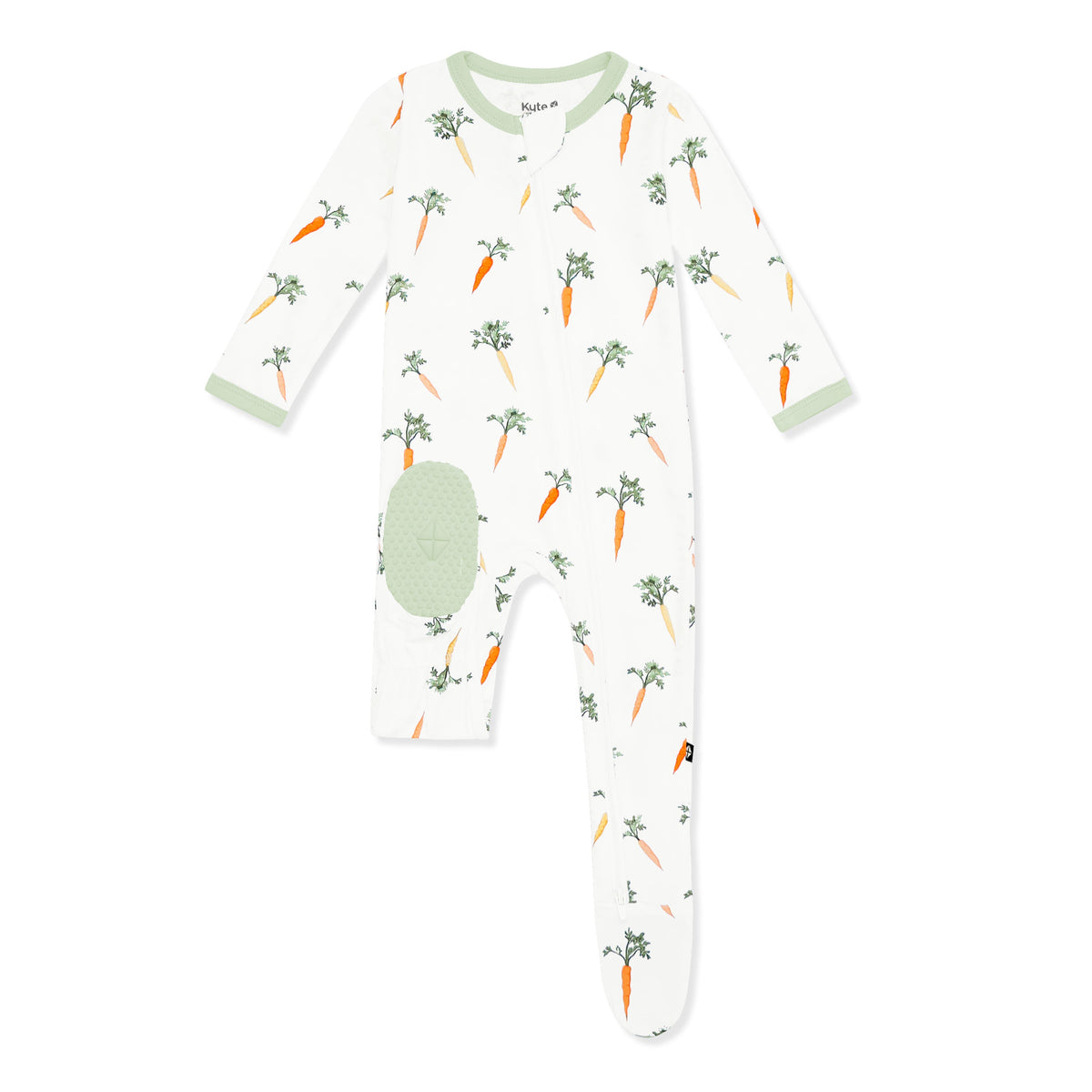 Baby onesie with carrot pattern on a white background