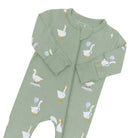 Green baby onesie with goose pattern on a white background